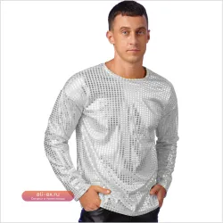 Мужская серебристая белая блестящая футболка с пайетками