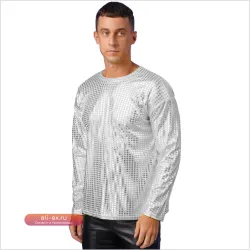 Мужская серебристая белая блестящая футболка с пайетками