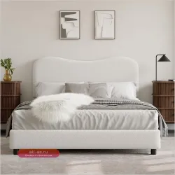 Кровать Senfot White Boucle с мягким изголовьем, низким профилем и закругленными углами