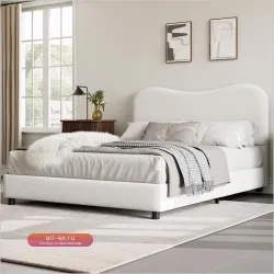 Кровать Senfot White Boucle с мягким изголовьем, низким профилем и закругленными углами