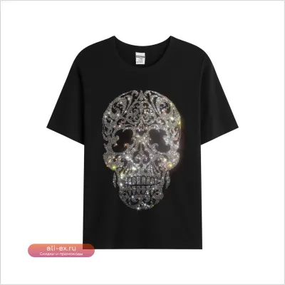 Футболка мужская летняя с черепом из страз, хлопок, модная, свободная