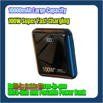 Power Bank 10000mAh 100W с кабелем, ультратонкий, портативный