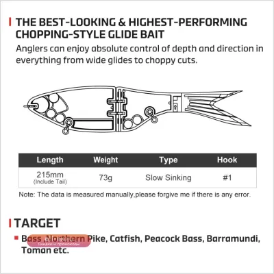 Водабел NOEBY AMATA Shad Glide Swimbait 215мм 73г, медленно тонущий, для басса, щуки, сома, пресноводный и морской