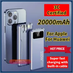 3C Certified 20000mAh Power Bank с Super Fast Charging и встроенным кабелем для Apple и Huawei