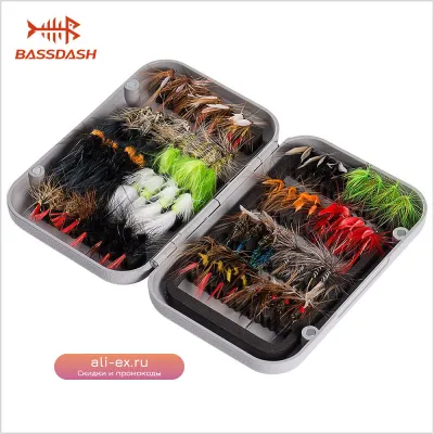 Набор мушек для спиннинга Bassdash Fly Fishing Assorted Flies Kit, 64 шт. (сухие, мокрые, нимфы, стримеры, поденки)