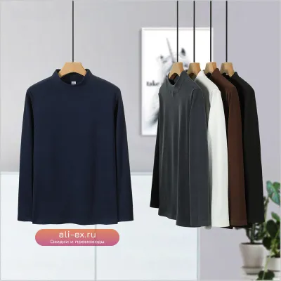 Футболка мужская с длинным рукавом и полувысоким воротом: осенне-зимняя модель в черном, синем и других цветах