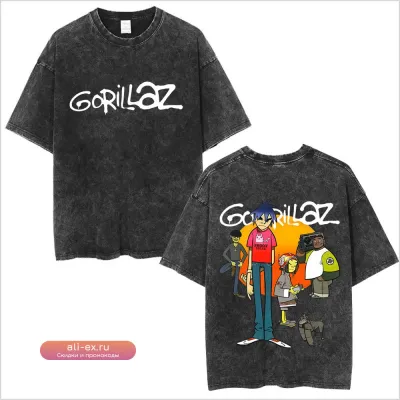 Футболка унисекс Washed Vintage Gorillaz Double Sided Print Hip Hop