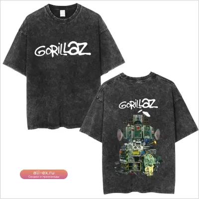 Футболка унисекс Washed Vintage Gorillaz Double Sided Print Hip Hop