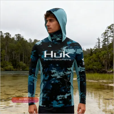 Мужская рыбацкая футболка HUK с капюшоном и защитой от УФ-излучения
