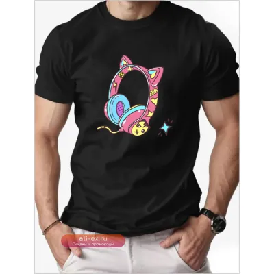 Футболка мужская хлопок с принтом котенок в наушниках летняя