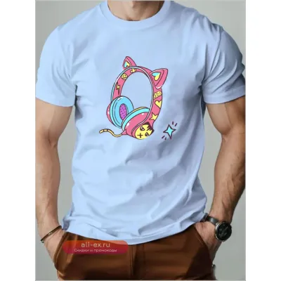 Футболка мужская хлопок с принтом котенок в наушниках летняя