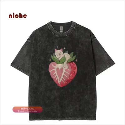 Футболка с принтом "Милый котенок и клубника", унисекс, хлопок, ретро, летняя