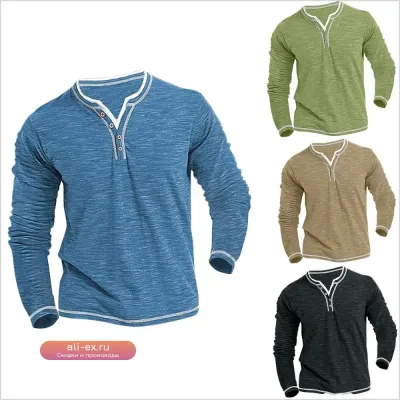 Мужская футболка New Cotton с V-образным вырезом, повседневная, для осени/зимы, с длинным рукавом, удобная, мягкая, стрейч, Henley