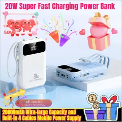 20000mAh Power Bank 20W Super Fast Charging с 4 встроенными кабелями