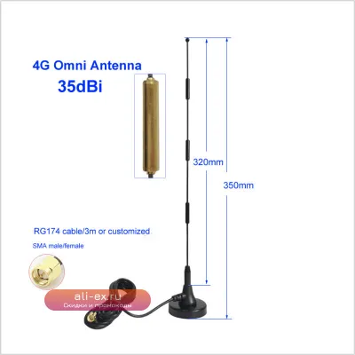 Антенна 2.4G WIFI 3G 4G LTE 35dBi с магнитным основанием SMA Male