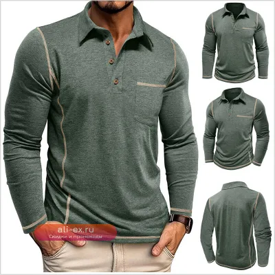 Мужская лонгслив-поло 2025: утепленная осенне-зимняя футболка в американском стиле, повседневная бизнес-футболка (S-3XL)