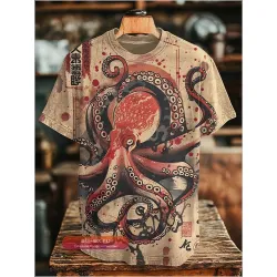 Футболка мужская с японским принтом "Темный осьминог", полиэстер, ретро-печать, оверсайз