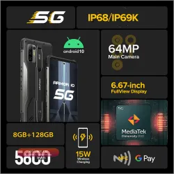 Ulefone Armor 10 5G: защищенный смартфон Android 10, 8/128 ГБ, водонепроницаемый IP68/IP69K, 6.67", камера 64 МП