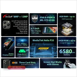 Blackview BV5300 Pro — защищённый смартфон с HD-дисплеем 6.1", батареей 6580 мАч, 4 ГБ ОЗУ, 64 ГБ ПЗУ, водо- и пыленепроницаемый IP68/IP69K