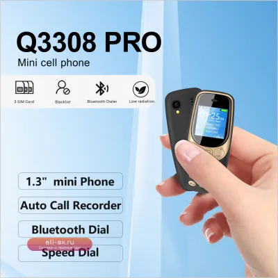 SERVO Q3308 PRO Мини-телефон 3 SIM, запись звонков, фонарик, камера, 2G GSM